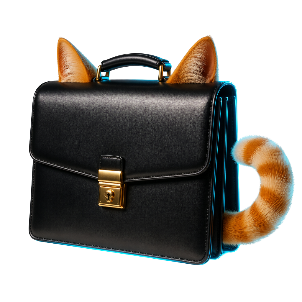 A sleek black briefcase with orange cat ears on top and a fluffy striped tail curling from the side