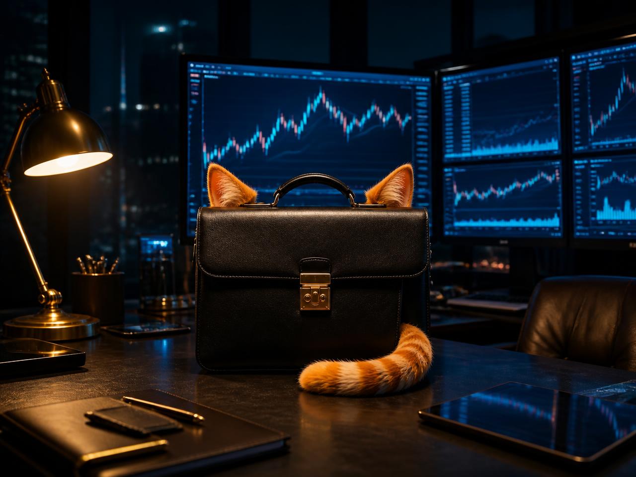 A late-night trading desk with glowing chart monitors, a brass lamp, and a black briefcase with cat ears and tail resting on the desk