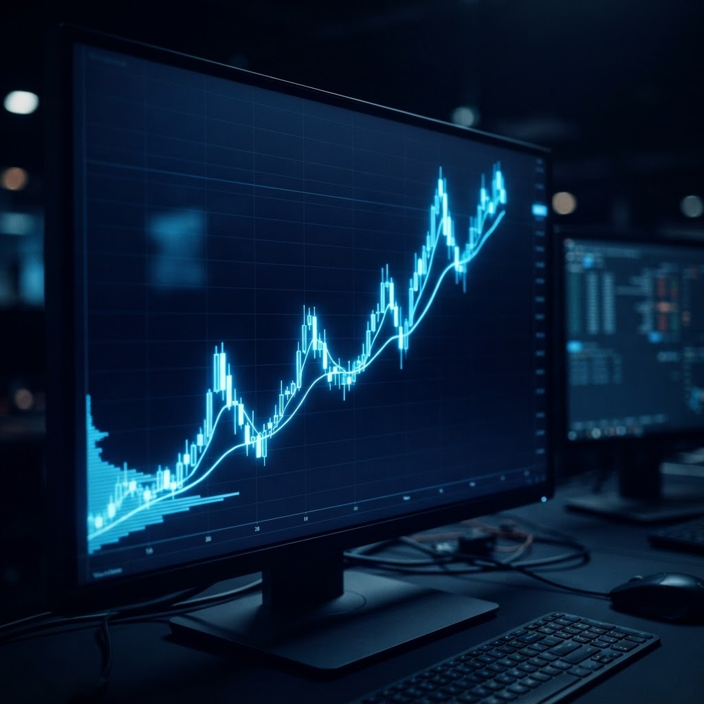 Glowing blue candlestick trading chart on a dark navy background